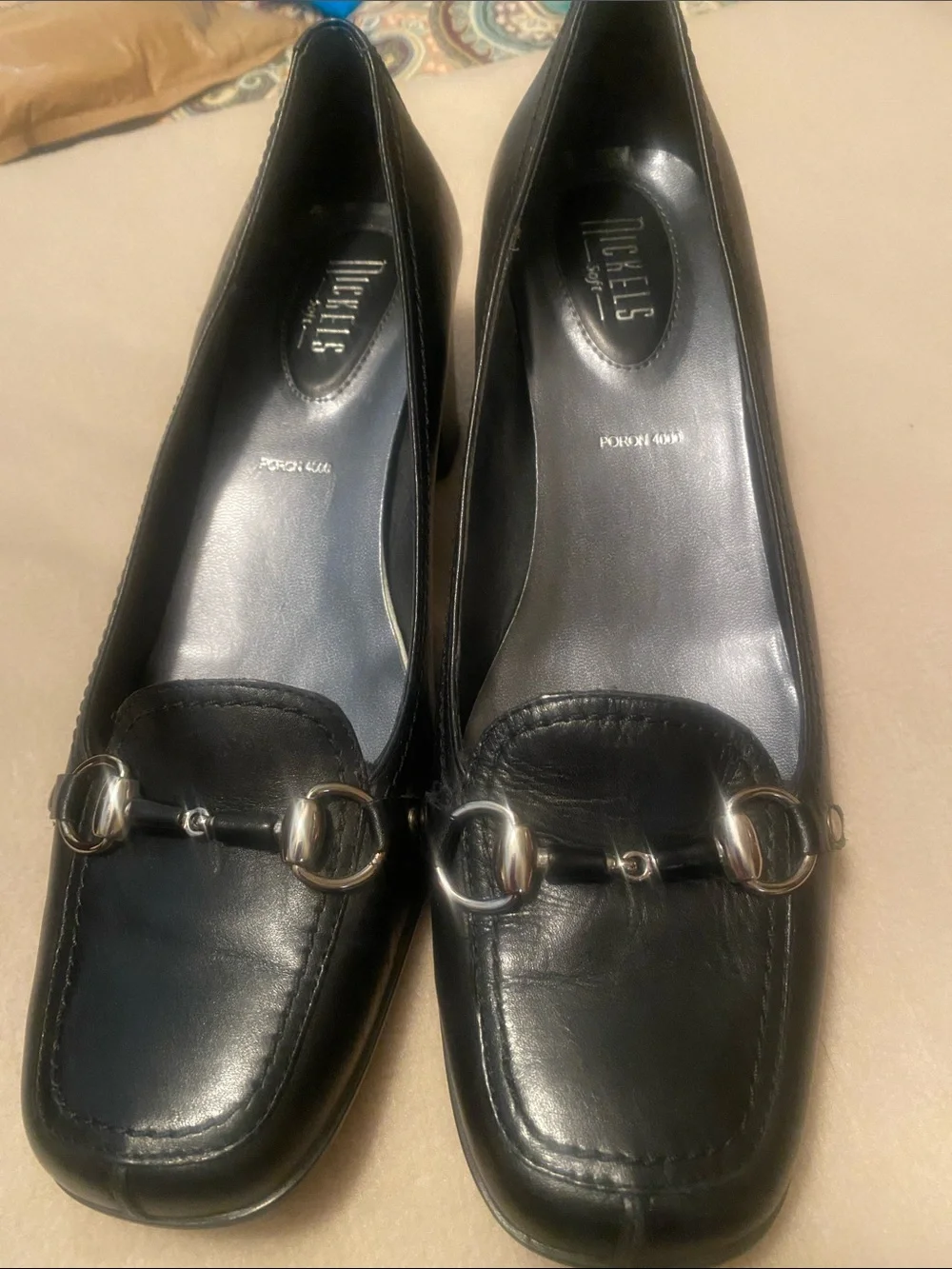 Nickels Black Leather Loafers with Silver Horsebit Accent
